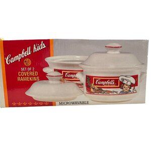 CAMPBELL KIDS 2 COVERED RAMEKINS IN BOX 1993, MICROWAVABLE 15 OZ new in box